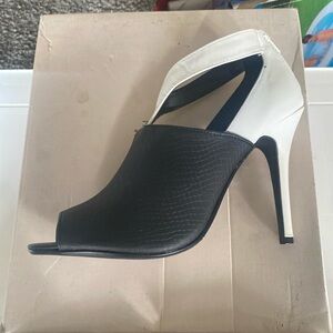 Black and white open toe heels